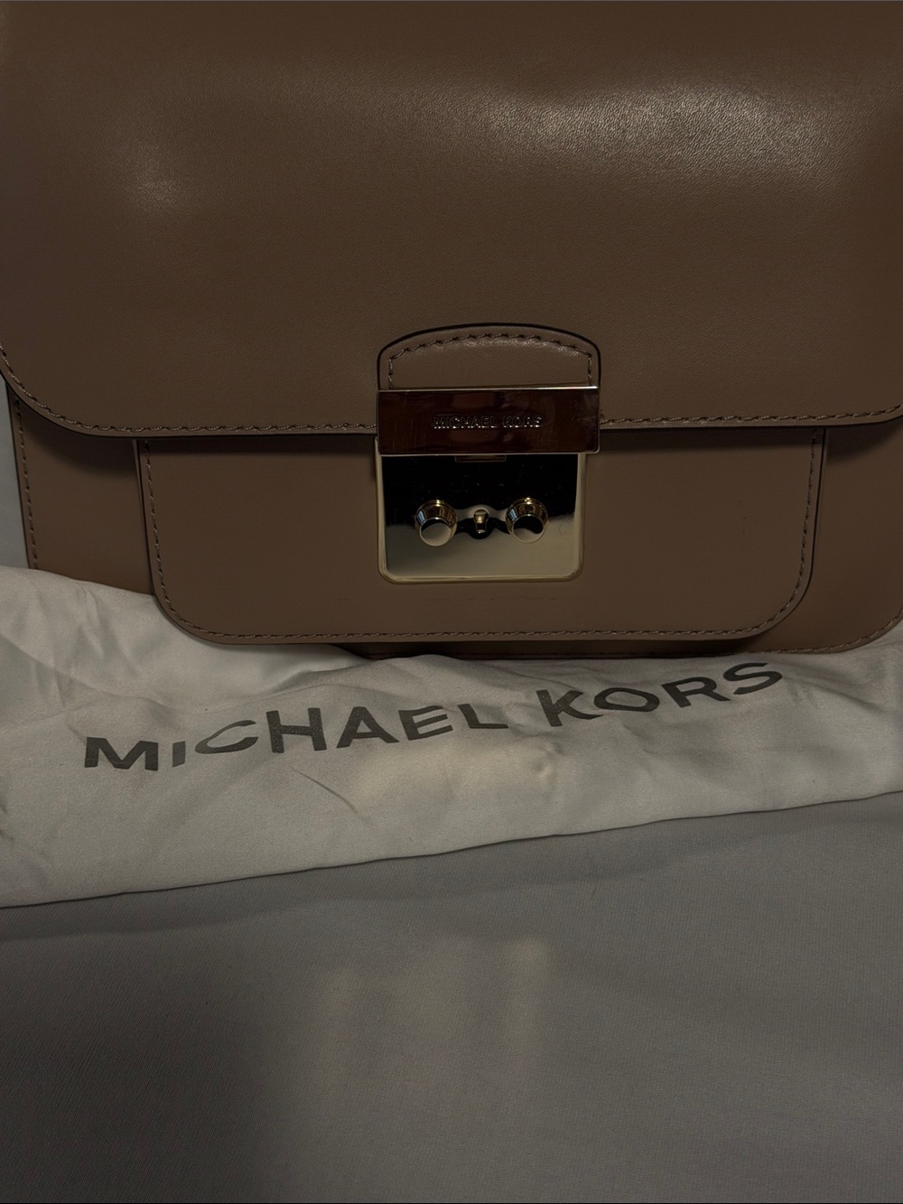 Michael Kors Taupe Leather Crossbody with Gold-Tone Lock